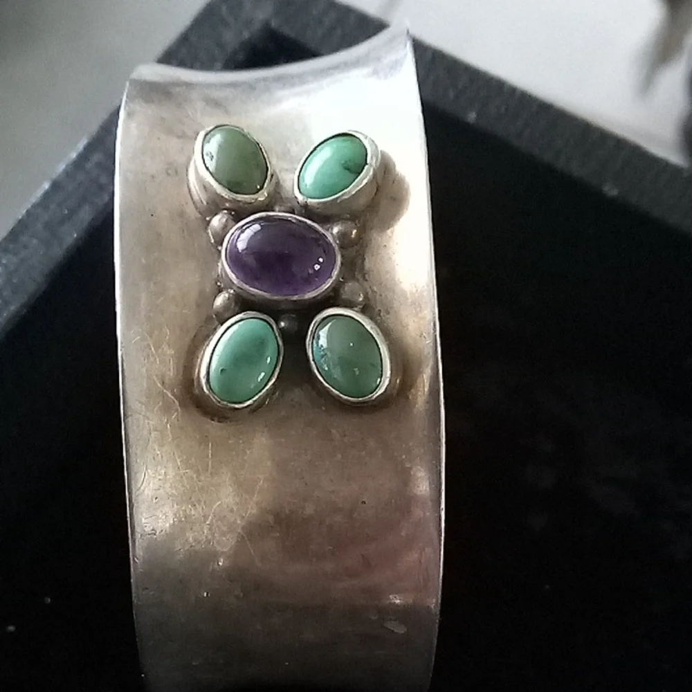 Sterling Silver Cuff Bracelet with Green Turquoise and Purple Amethyst - Picture 1 of 2